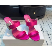 Fashion Manolo Blahnik Satin Slides Sandal 9cm with Strass Buckle Dark Pink 1225003