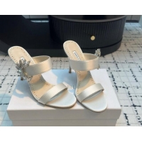 Stylish Manolo Blahnik Satin Slides Sandal 9cm with Strass Buckle White 1225004