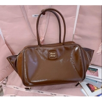 New Fashion Miu Miu Beau naplak patent leather top handle bag 5BB117 Palisander Brown 2024