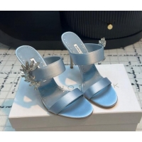 Hot Style Manolo Blahnik Satin Slides Sandal 9cm with Strass Buckle Light Blue 1225005