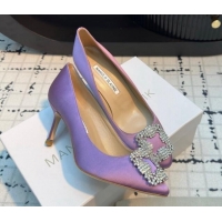 Classic Hot Manolo Blahnik Hangisi Satin Pumps 7cm with Strass Buckle Light Purple 1225008