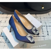 Sumptuous Manolo Blahnik Hangisi Satin Pumps 7cm with Strass Buckle Royal Blue 1225010