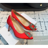 Unique Style Manolo Blahnik Hangisi Satin Pumps 7cm with Strass Buckle Red 1225011