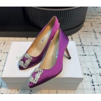 Sophisticated Manolo Blahnik Hangisi Satin Pumps 7cm with Strass Buckle Dark Purple 1225012