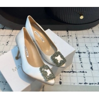 Stylish Manolo Blahnik Hangisi Satin Pumps 7cm with Strass Buckle White 1225013