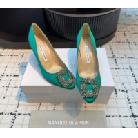 Best Grade Manolo Blahnik Hangisi Satin Pumps 7cm with Strass Buckle Green 1225014