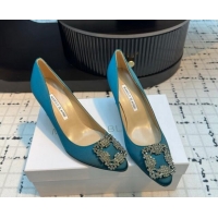 Good Quality Manolo Blahnik Hangisi Satin Pumps 7cm with Strass Buckle Peacock Green 1225018