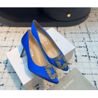 Low Price Manolo Blahnik Hangisi Satin Pumps 7cm with Strass Buckle Sky Blue 1225020