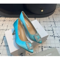 Pretty Style Manolo Blahnik Hangisi Satin Pumps 7cm with Strass Buckle Light Blue 1225021