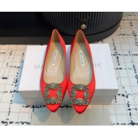 Luxury Cheap Manolo Blahnik Hangisi Satin Ballerinas Flat with Strass Buckle Red 1225023