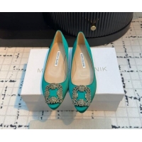 Popular Style Manolo Blahnik Hangisi Satin Ballerinas Flat with Strass Buckle Green 1225025