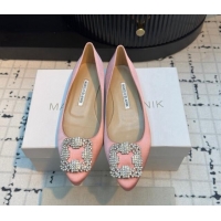 Popular Style Manolo Blahnik Hangisi Satin Ballerinas Flat with Strass Buckle Light Pink 1225026