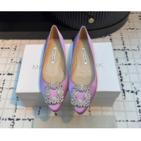 Shop Duplicate Manolo Blahnik Hangisi Satin Ballerinas Flat with Strass Buckle Light Purple 1225027