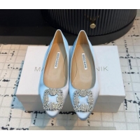 Top Design Manolo Blahnik Hangisi Satin Ballerinas Flat with Strass Buckle Pale Blue 1225028