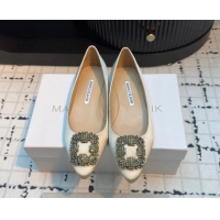 Big Discount Manolo Blahnik Hangisi Satin Ballerinas Flat with Strass Buckle Pale Gold 1225031