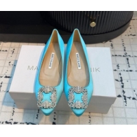 Good Quality Manolo Blahnik Hangisi Satin Ballerinas Flat with Strass Buckle Light Blue 1225033