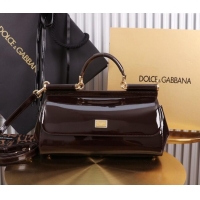 Buy Discount Dolce&Gabbana Elongated Patent Calfskin Large Sicily handbag BB6114 Dark Brown 2024