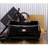 Best Price Dolce&Gabbana Elongated Patent Calfskin Large Sicily handbag BB6114 Black 2024