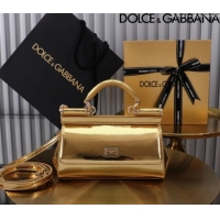 Most Popular Dolce&Gabbana Elongated Glazed Calfskin Small Sicily handbag BB6111 Gold 2024