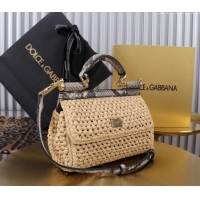 Promotional Dolce&Gabbana Small Sicily handbag in Raffia Crochet and Snakeskin Embossed Leather BB6111 Beige/Grey 2024