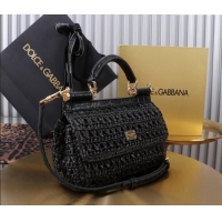 Discount Dolce&Gabbana Small Sicily handbag in Raffia Crochet and Crocodile Embossed Leather BB6111 Black 2024