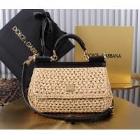 Well Crafted Dolce&Gabbana Small Sicily handbag in Raffia Crochet and Snakeskin Embossed Leather BB6111 Beige/Black 2024