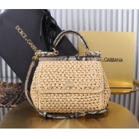 Best Design Dolce&Gabbana Small Sicily handbag in Raffia Crochet and Snakeskin Embossed Leather BB6112 Beige/Grey 2024