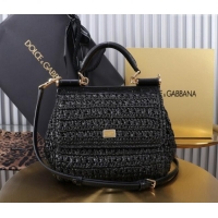 Shop Cheap Dolce&Gabbana Small Sicily handbag in Raffia Crochet and Crocodile Embossed Leather BB6112 Black 2024