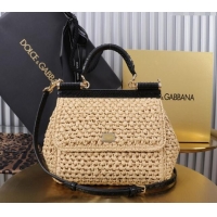 Buy Discount Dolce&Gabbana Small Sicily handbag in Raffia Crochet and Snakeskin Embossed Leather BB6112 Beige/Black 2024