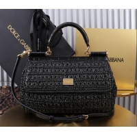 Grade Quality Dolce&Gabbana Elongated Medium Sicily handbag in Raffia Crochet and Crocodile Embossed Leather BB6116 Blac