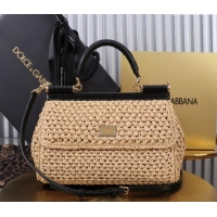 Best Price Dolce&Gabbana Elongated Medium Sicily handbag in Raffia Crochet and Snakeskin Embossed Leather BB6116 Beige/B