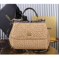 Shop Promotional Dolce&Gabbana Large Sicily handbag in Raffia Crochet and Snakeskin Embossed Leather BB6113 Beige/Grey 2