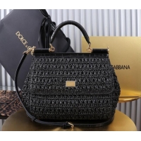 Most Popular Dolce&Gabbana Large Sicily handbag in Raffia Crochet and Crocodile Embossed Leather BB6113 Black 2024