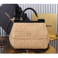 Well Crafted Dolce&Gabbana Large Sicily handbag in Raffia Crochet and Snakeskin Embossed Leather BB6113 Beige/Black 2024