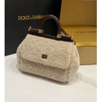 Super Quality Dolce&Gabbana Shearling Small Sicily handbag BB6112 Beige 2024