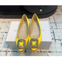 Classic Hot Manolo Blahnik Hangisi Satin Ballerinas Flat with Strass Buckle Yellow 1225034