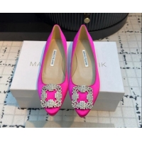 Perfect Manolo Blahnik Hangisi Satin Ballerinas Flat with Strass Buckle Dark Pink 1225036