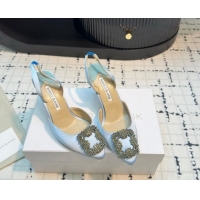 Best Price Manolo Blahnik Hangisi Satin Slingback Pumps 7cm with Strass Buckle Pale Blue 1225039