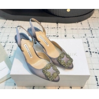 Sumptuous Manolo Blahnik Hangisi Satin Slingback Pumps 7cm with Strass Buckle Dark Grey 1225040