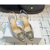 Duplicate Manolo Blahnik Hangisi Satin Slingback Pumps 7cm with Strass Buckle Grey 1225041