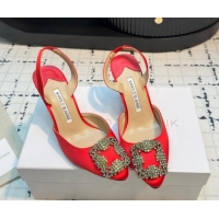 Best Grade Manolo Blahnik Hangisi Satin Slingback Pumps 7cm with Strass Buckle Red 1225042