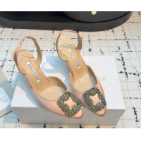 Stylish Manolo Blahnik Hangisi Satin Slingback Pumps 7cm with Strass Buckle Light Pink 1225043