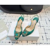 Stylish Manolo Blahnik Hangisi Satin Slingback Pumps 7cm with Strass Buckle Green 1225044