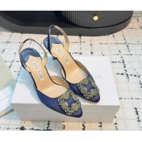 Luxurious Manolo Blahnik Hangisi Satin Slingback Pumps 7cm with Strass Buckle Dark Blue 1225046