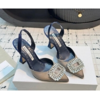 Low Price Manolo Blahnik Laali Satin Slingback Pumps 8cm with Strass Buckle Grey 1225047