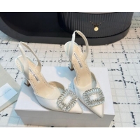 Purchase Manolo Blahnik Laali Satin Slingback Pumps 8cm with Strass Buckle White 1225048