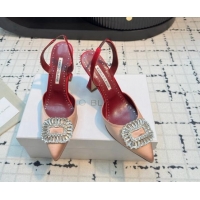 Shop Duplicate Manolo Blahnik Laali Satin Slingback Pumps 8cm with Strass Buckle Nude Pink 1225049