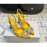 Luxury Discount Manolo Blahnik Laali Satin Slingback Pumps 8cm with Strass Buckle Yellow 1225050