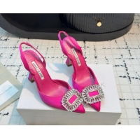 Luxury Manolo Blahnik Laali Satin Slingback Pumps 8cm with Strass Buckle Dark Pink 1225051