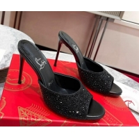 Good Quality Christian Louboutin Me Dolly High Heel Slides Sandals 10cm in Strass Black 1223128